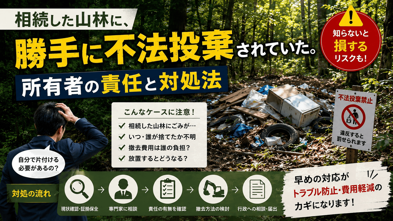 相続した山林に、勝手に不法投棄されていた。所有者の責任と対処法